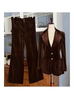 Vintage 70’s Brown Velvet Blazer & Flared Pants Suit Set Retro Sz M By Grey Wolf